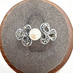 VTG Sterling Silver 925 Pearl & Marcasite Scroll Design Statement Ring Size 7.5